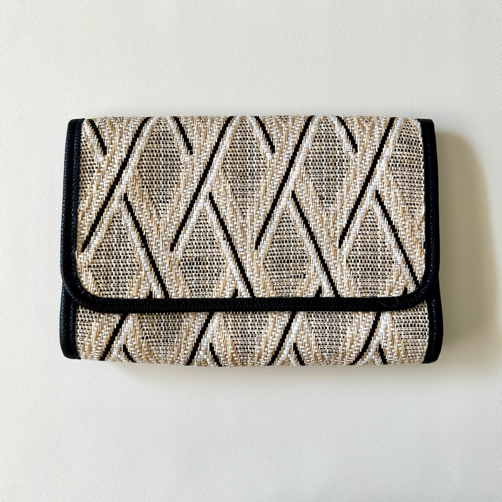 Woven Straw Clutch Handbag | Black Trim | Geometric Pattern | New